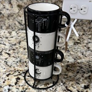 Black & White Celestial Stackable Coffee mini expreso Mug Set with Rack